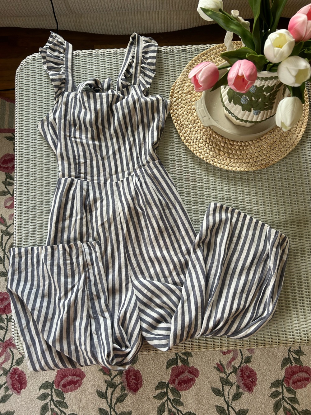 Striped Ruffle-Strap Wide-Leg Jumpsuit - Navy & White